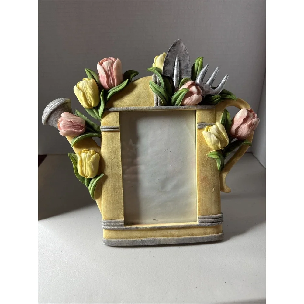VTG WATERING CAN GARDENING TOOLS PINK TULIPS PICTURE PHOTO FRAME CERAMIC POTTERY
